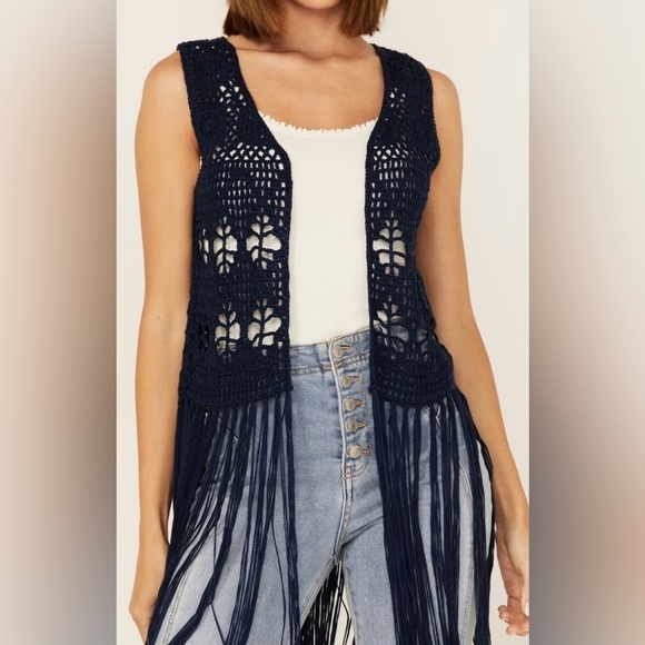 5 for $40 SALE! Rock & Roll Denim Dark Blue Boho Crochet Jacket Hemmed Fringe M - Picture 1 of 16